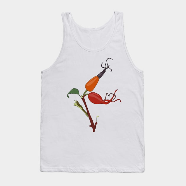 Rose hips on a branch with a green leaf Tank Top by Mardi 